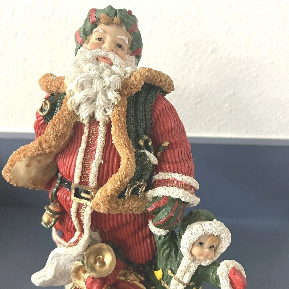 Santa Claus Christmas Resin Decor With Child And Toy Sack Hand Painted 10 Inches
